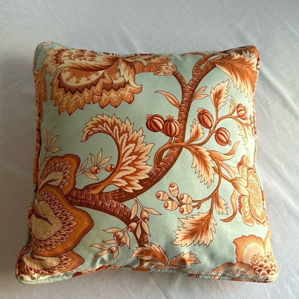 Custom-made sky blue coral print chinoserie pillow with zippered closure.